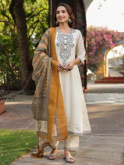 Rain & Rainbow - Beige Embroidered Kurta with Pant and Dupatta
