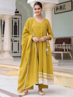 Rain & Rainbow - Yellow Embroidered Anarkali Kurta with Pant and Dupatta