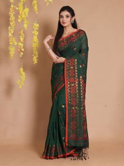 CHARUKRITI - Green Cotton Woven Jamdani Designs Saree with Unstitched Blouse