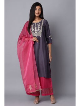 WISHFUL by W - Blue Solid Kurta-parallel Pants-Dupatta (Set Of 3)