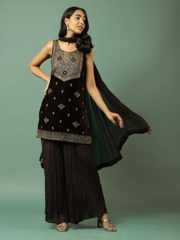 Aarke Ritu Kumar - Brown Embroidered Velvet Kurta with Sharara and Dupatta (Set of 3)