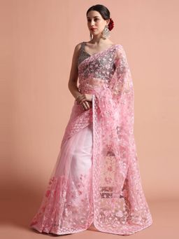 Jaipur Kurti - Party Wear Floral Embroidered Net Saree with Unstitched Blouse