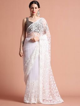 Jaipur Kurti - Party Wear Floral Embroidered Net Saree with Unstitched Blouse