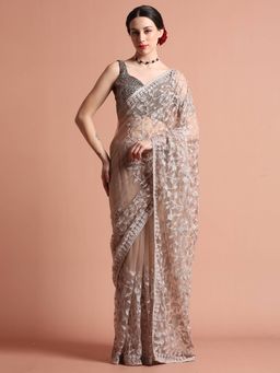 Jaipur Kurti - Party Wear Floral Embroidered Net Saree with Unstitched Blouse