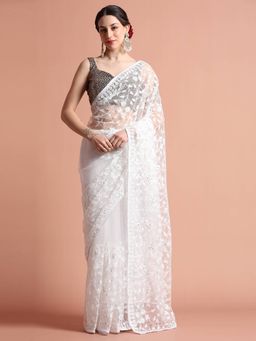 Jaipur Kurti - Party Wear Floral Embroidered Net Saree with Unstitched Blouse