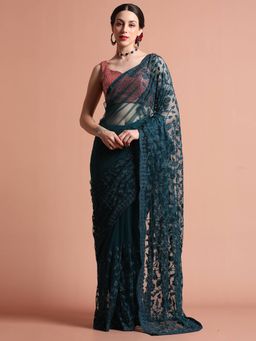 Jaipur Kurti - Party Wear Floral Embroidered Net Saree with Unstitched Blouse
