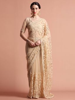 Jaipur Kurti - Party Wear Floral Embroidered Net Saree with Unstitched Blouse
