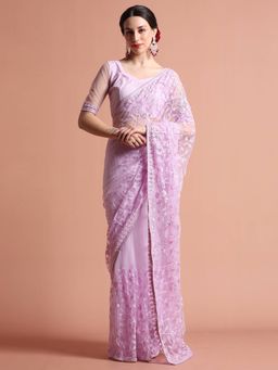 Jaipur Kurti - Party Wear Floral Embroidered Net Saree with Unstitched Blouse