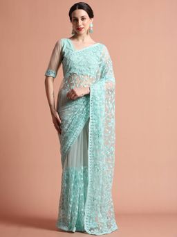 Jaipur Kurti - Party Wear Floral Embroidered Net Saree with Unstitched Blouse