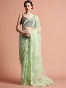 Jaipur Kurti - Embroidered Net Party Wear Saree with Unstitched Blouse