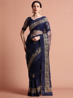Jaipur Kurti - Floral Embroidered Net Party Wear Saree with Unstitched Blouse