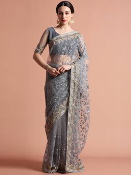 Jaipur Kurti - Floral Embroidered Net Party Wear Saree with Unstitched Blouse