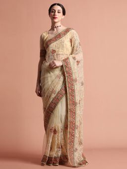 Jaipur Kurti - Floral Embroidered Net Party Wear Saree with Unstitched Blouse