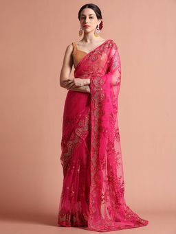 Jaipur Kurti - Floral Embroidered Net Party Wear Saree with Unstitched Blouse