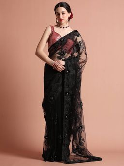 Jaipur Kurti - Embroidered Net Party Wear Black Saree with Unstitched Blouse