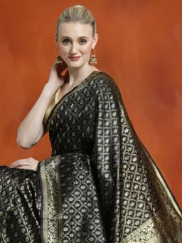 Jaipur Kurti - Silk Banarasi Zari Woven Party Wear Black Saree with Unstitched Blouse