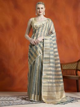 Jaipur Kurti - Striped Embellished Banarasi Organza Saree with Unstitched Blouse