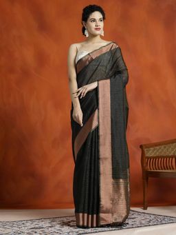 Jaipur Kurti - Zari Woven Banarasi Organza Black Saree with Unstitched Blouse