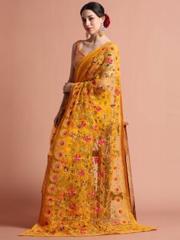 Jaipur Kurti - Party Wear Floral Embroidered Net Saree with Unstitched Blouse