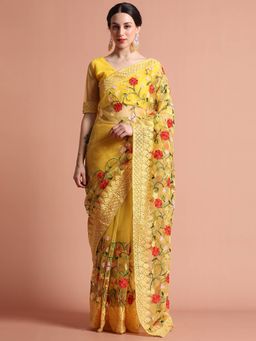 Jaipur Kurti - Heavy Floral Embroidered Net Party Wear Saree with Unstitched Blouse