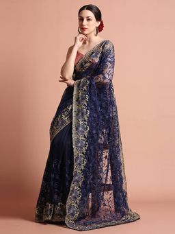 Jaipur Kurti - Heavy Floral Embroidered Net Party Wear Saree with Unstitched Blouse