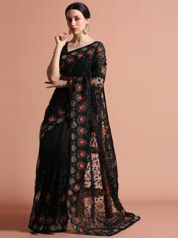 Jaipur Kurti - Heavy Floral Embroidered Net Party Wear Black Saree with Unstitched Blouse