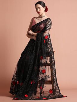 Jaipur Kurti - Black Party Wear Floral Embroidered Net Saree with Unstitched Blouse
