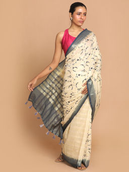Indethnic - Banarasi Beige Embroidered Daily Wear Saree With Unstitched Blouse