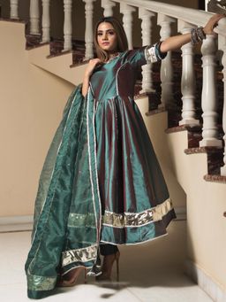 POMCHA - Taffeta Silk Green Anarkali (Set of 3)