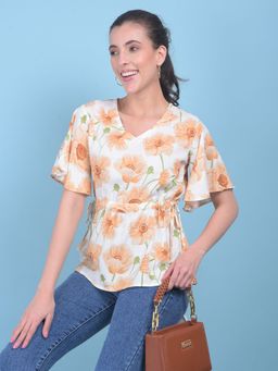 CRIMSOUNE CLUB - Womens Peach Floral Print Linen Top