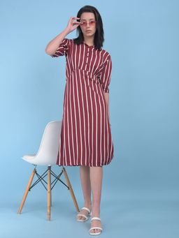 CRIMSOUNE CLUB - Womens Maroon Vertical Striped A-Line Dress
