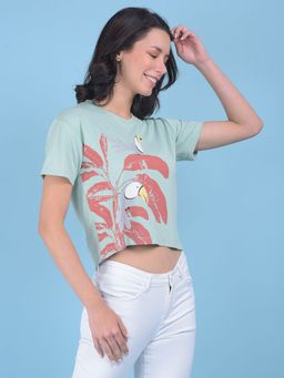 CRIMSOUNE CLUB - Womens Green Floral Print Crop T-Shirt