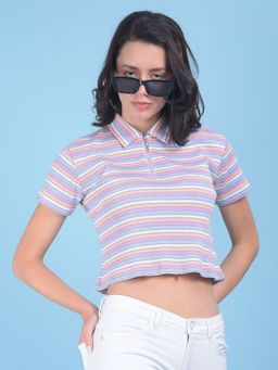 CRIMSOUNE CLUB - Womens Peach Horizontal Striped Crop T-Shirt