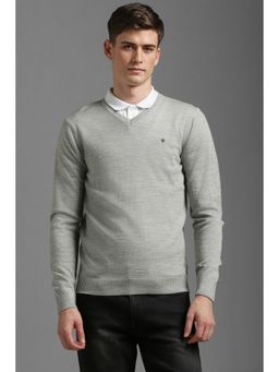 Louis Philippe - Men Grey Solid V Neck Full Sleeves Sweater