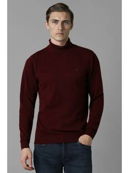 Louis Philippe - Men Maroon Solid Turtle Neck Full Sleeves Sweater