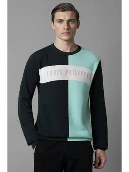 Louis Philippe - Men Green Colorblock Crew Neck Full Sleeves Sweater