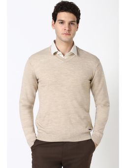 Peter England - Men Beige Textured V Neck Sweater