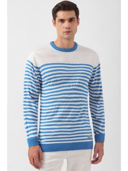 Peter England - Men White Stripe Crew Neck Sweater