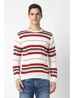 Peter England - Men Cream Stripe Crew Neck Sweater