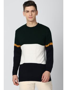 Peter England - Men Navy Colorblock Crew Neck Sweater