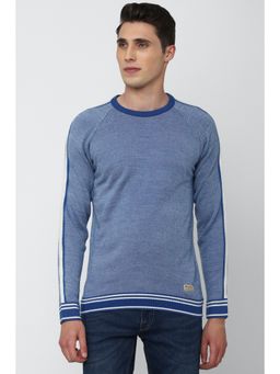 Peter England - Men Blue Stripe Crew Neck Sweater