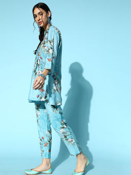 Ziyaa - Womens Sky Blue Color Digital Print Flared Kurta and Pant (Set of 2)
