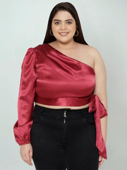 Martini - Maroon Curve Plus Size Satin One Shoulder Crop Top