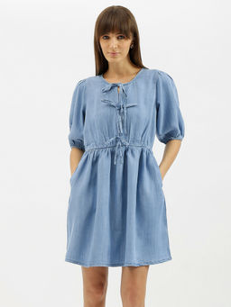 United Colors of Benetton - Blue Tie-Up Neck Solid Denim Dress