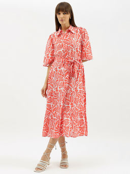 United Colors of Benetton - Coral Spread Collar Printed Tiered Dress with Belt (Set of 2)