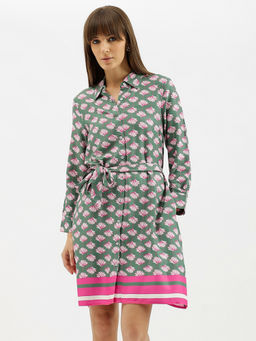 United Colors of Benetton - Green Spread Collar Stylized Floral Shirt Dress with Belt (Set of 2)