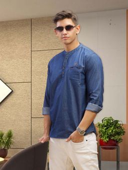KUONS AVENUE - Mens Blue Denim Casual Short Kurta