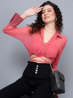 ANVI Be Yourself - Waist Tie-Up Peach Crop Shirt with Cami (Set of 2)