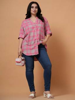 STYLLEY - Plus Size Viva Pink Checked Casual Shirt