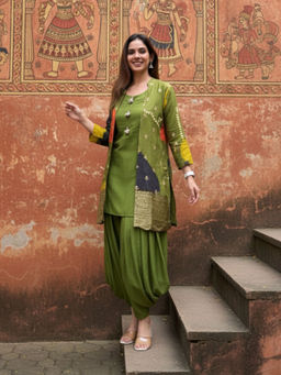 Ishnya - Women Viscose Embroidered Green Kurta with Jacket and Salwar Pant